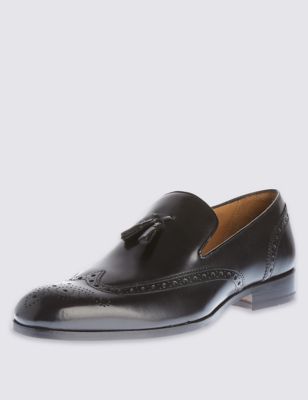 Leather Brogue Tassel Slip-On Loafers